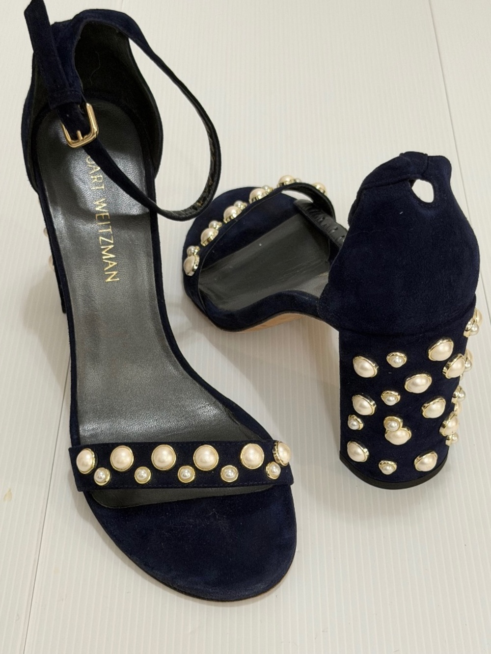 Stuart Weitzman Pearl Embellished Navy Suede Block Heels Size 9.5